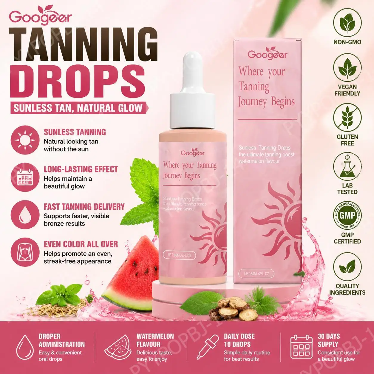 Googeer Sunless Tanning Drops Watermelon Flavour Fast-Acting Even Color Long-Lasting Effect Gluconolactone Vitamin B1 60ml
Googeer Sunless Tanning Drops Watermelon Flavour Fast-Acting Even Color Long-Lasting Effect Gluconolactone Vitamin B1 60ml