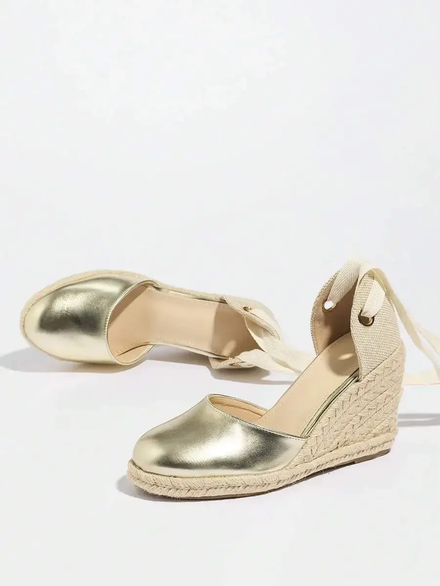 Metallic Cap Toe Espadrille Wedge Lace-Up Sandals For Women
Metallic Cap Toe Espadrille Wedge Lace-Up Sandals For Women