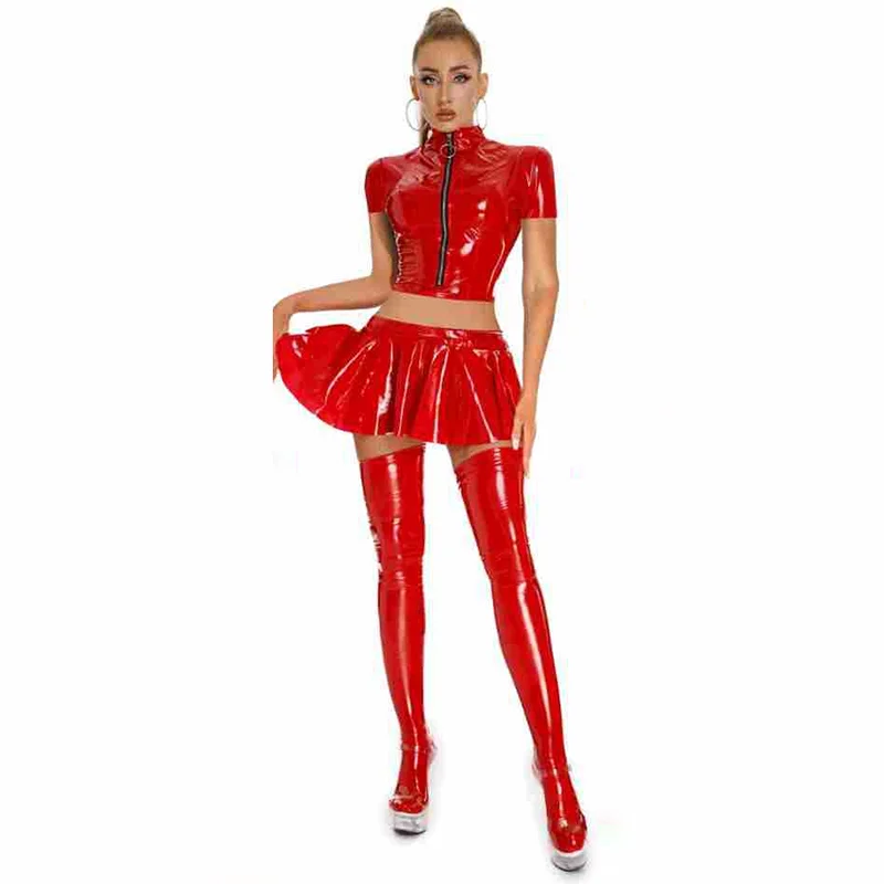 Adult Women Sexy Exotic Shiny PU Leather Top+Skirt Zipper Latex Short Sleeve Maid Tight Dress Wet Look NightClub Party Clothing
Adult Women Sexy Exotic Shiny PU Leather Top+Skirt Zipper Latex Short Sleeve Maid Tight Dress Wet Look NightClub Party Clothing