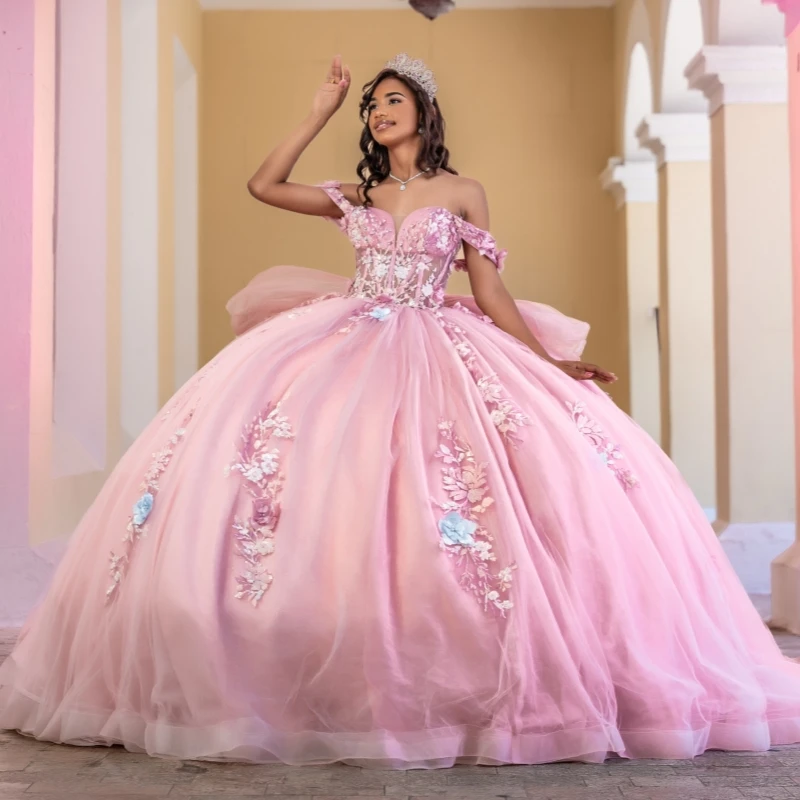 Pink Shiny Ball Gown Quinceanera Dresses Applique Flower Beading Crystal Bow Tull Corset Off The Shoulder Sweet 16 Dress vestido
Pink Shiny Ball Gown Quinceanera Dresses Applique Flower Beading Crystal Bow Tull Corset Off The Shoulder Sweet 16 Dress vestido