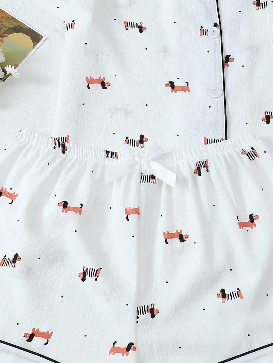 Womens Comfortable Puppy Print Lapel Button Short Sleeve Top And Bow Shorts Pajama Set For Home Spring Summer
Womens Comfortable Puppy Print Lapel Button Short Sleeve Top And Bow Shorts Pajama Set For Home Spring Summer