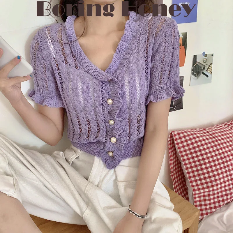Boring Honey Fashion Women Blouses Single-Breasted Ice Silk Knitted Cardigan Top Women Hollow Out V-Neck Short Sleeves Tops
Boring Honey Fashion Women Blouses Single-Breasted Ice Silk Knitted Cardigan Top Women Hollow Out V-Neck Short Sleeves Tops