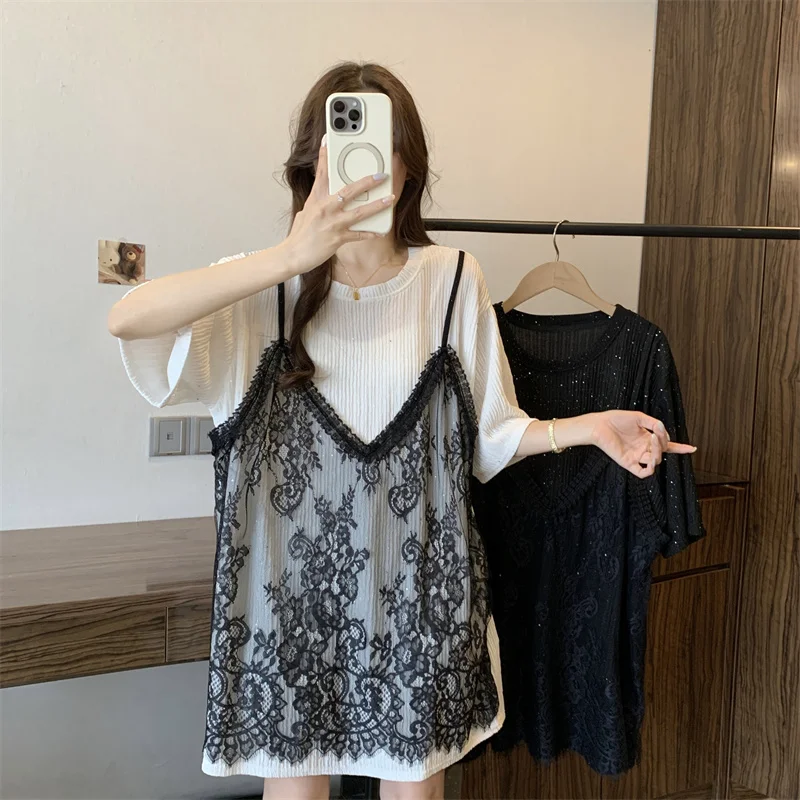 Summer New Lace Sling Fake Two-Piece round Neck T-shirt for Women plus Size Loose Versatile Casual Top
Summer New Lace Sling Fake Two-Piece round Neck T-shirt for Women plus Size Loose Versatile Casual Top