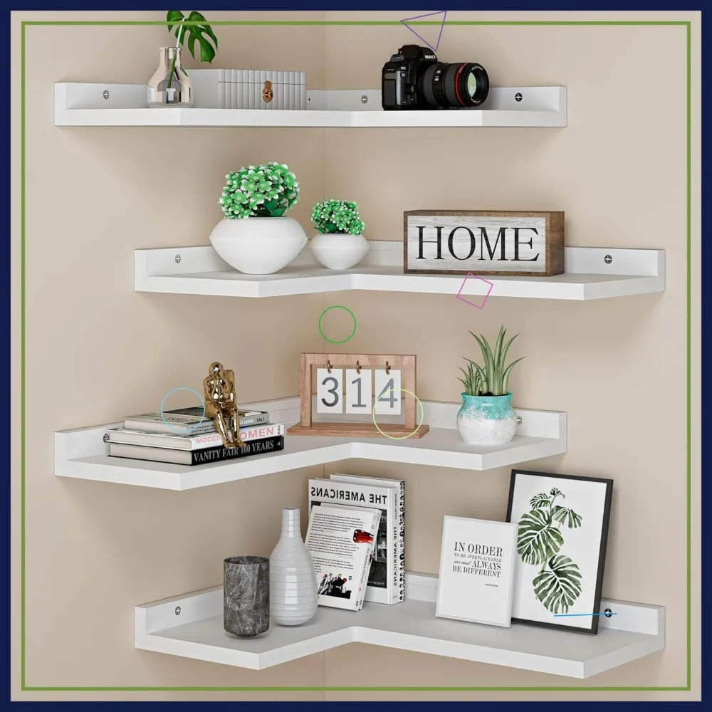 4-Tier White Floating Corner Shelves Set, Rustic Pine Wood Wall Mount for Bedroom Living Room Storage
4-Tier White Floating Corner Shelves Set, Rustic Pine Wood Wall Mount for Bedroom Living Room Storage