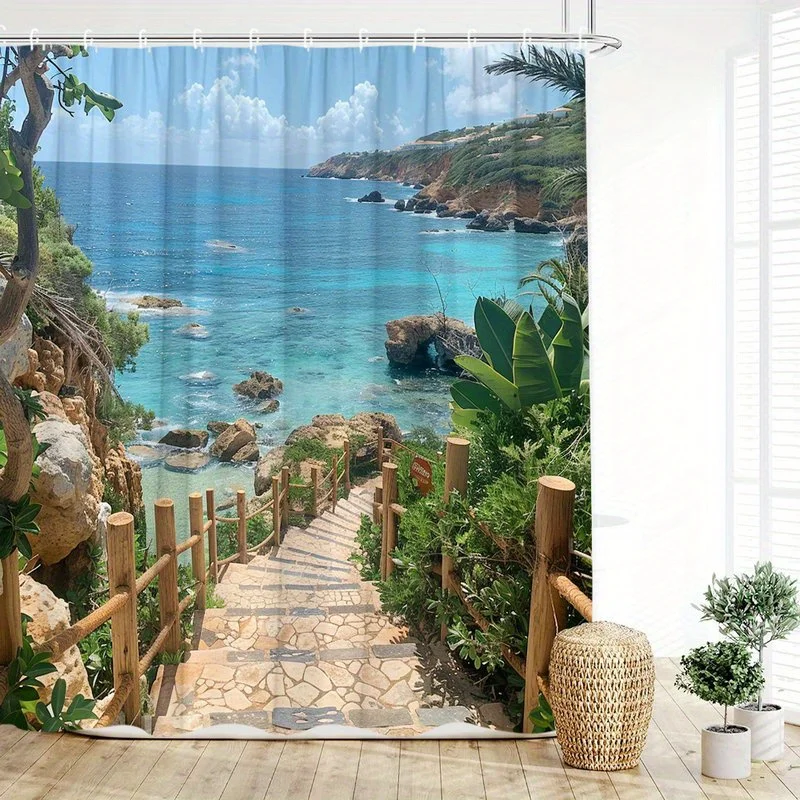 Coastal Stone Path Shower Curtain Tropical Beach Wooden Posts Ocean View Polyester Washable with 12 Hooks for Bathroom Decor
Coastal Stone Path Shower Curtain Tropical Beach Wooden Posts Ocean View Polyester Washable with 12 Hooks for Bathroom Decor