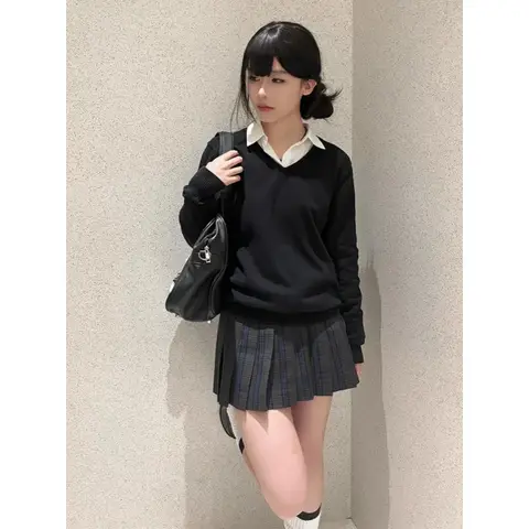 Women's V-Neck Knitted Sweater Long Sleeve Overlap JK Uniform Vest Autumn Winter Black College Style Layering Outerwear