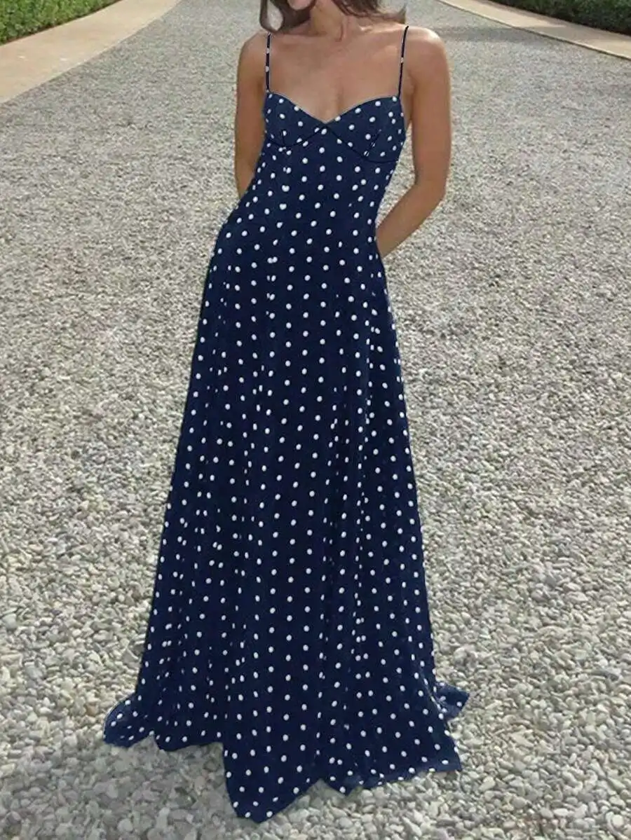Womens Polka Dot Print Backless Spaghetti Strap Long Dress Blue Summer Elegant
Womens Polka Dot Print Backless Spaghetti Strap Long Dress Blue Summer Elegant