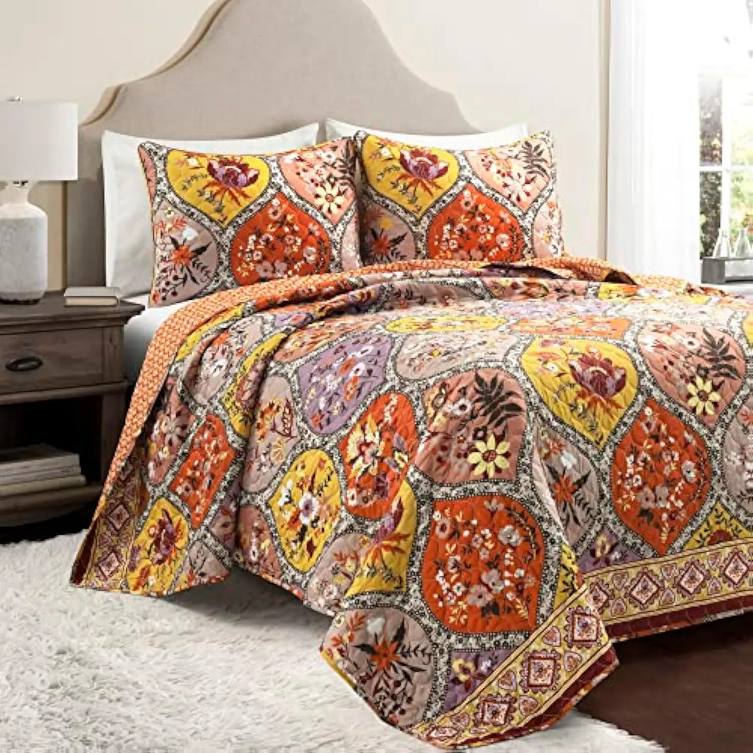 Bohemian Flower Reversible Oversized 3 Piece Cotton Quilt Set, Full/Queen, Tangerine & Lilac
Bohemian Flower Reversible Oversized 3 Piece Cotton Quilt Set, Full/Queen, Tangerine & Lilac
