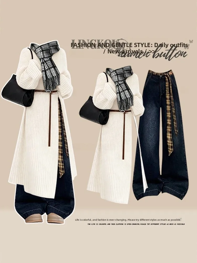 Autumn Winter Knitted Midi Dress And Jeans Set Women's Anti-Aging Medium-Length Knitwear with Vintage Jeans Two-Piece Set
Autumn Winter Knitted Midi Dress And Jeans Set Women's Anti-Aging Medium-Length Knitwear with Vintage Jeans Two-Piece Set