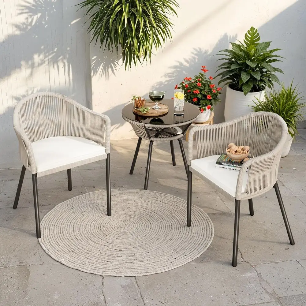 3-Piece Gray Outdoor Wicker Bistro Set with Cushions and Glass Table for Patio or Porch
3-Piece Gray Outdoor Wicker Bistro Set with Cushions and Glass Table for Patio or Porch