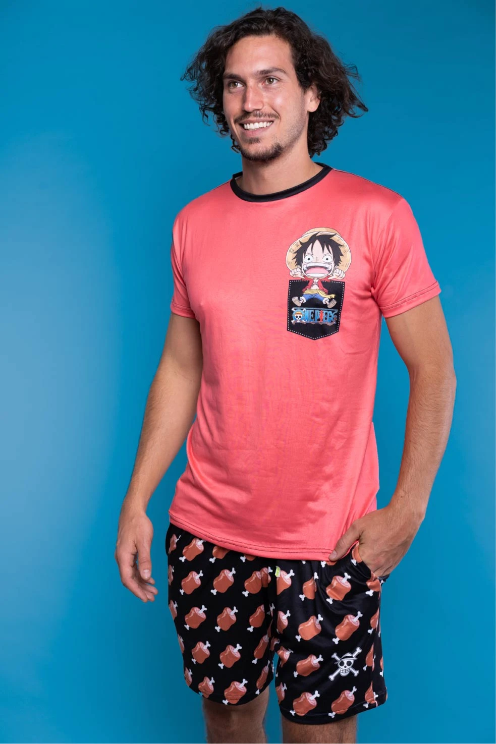 2026 Men's One Piece Monkey D Luffy 2PCS Set Coral Pink Pocket Print T-Shirt & Meat Pattern Shorts Summer Casual Loungewear
2026 Men's One Piece Monkey D Luffy 2PCS Set Coral Pink Pocket Print T-Shirt & Meat Pattern Shorts Summer Casual Loungewear