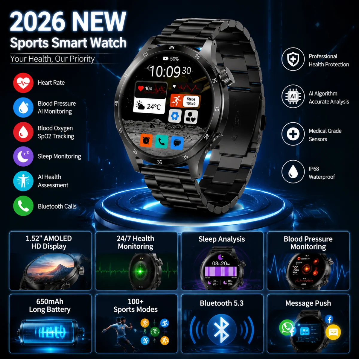 2026 New 1.52" HD Screen Smart Watch Bluetooth Call Heart Rate Health Monitoring IP68 Waterproof Smartwatches for Android iOS
2026 New 1.52" HD Screen Smart Watch Bluetooth Call Heart Rate Health Monitoring IP68 Waterproof Smartwatches for Android iOS