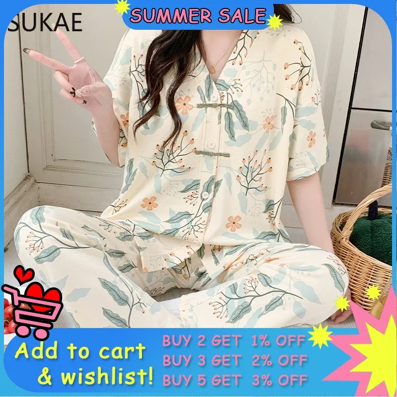 SUKAE Women Pajamas Set Summer Faux Cotton Sleepwear for Girl Leisure New Chinese Style V-neck Lady Pijama Chic Floral Nightwear
SUKAE Women Pajamas Set Summer Faux Cotton Sleepwear for Girl Leisure New Chinese Style V-neck Lady Pijama Chic Floral Nightwear