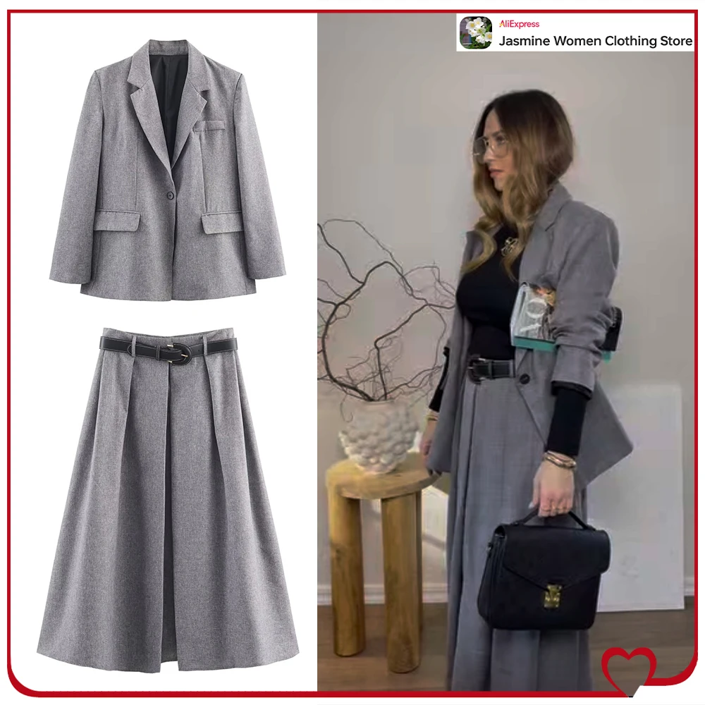 Elegant Chic New in Matching Sets for Women OL Style Gray Suit Herringbone Blazer with Shoulder Pads + Pleated Belted Midi Skirt
Elegant Chic New in Matching Sets for Women OL Style Gray Suit Herringbone Blazer with Shoulder Pads + Pleated Belted Midi Skirt