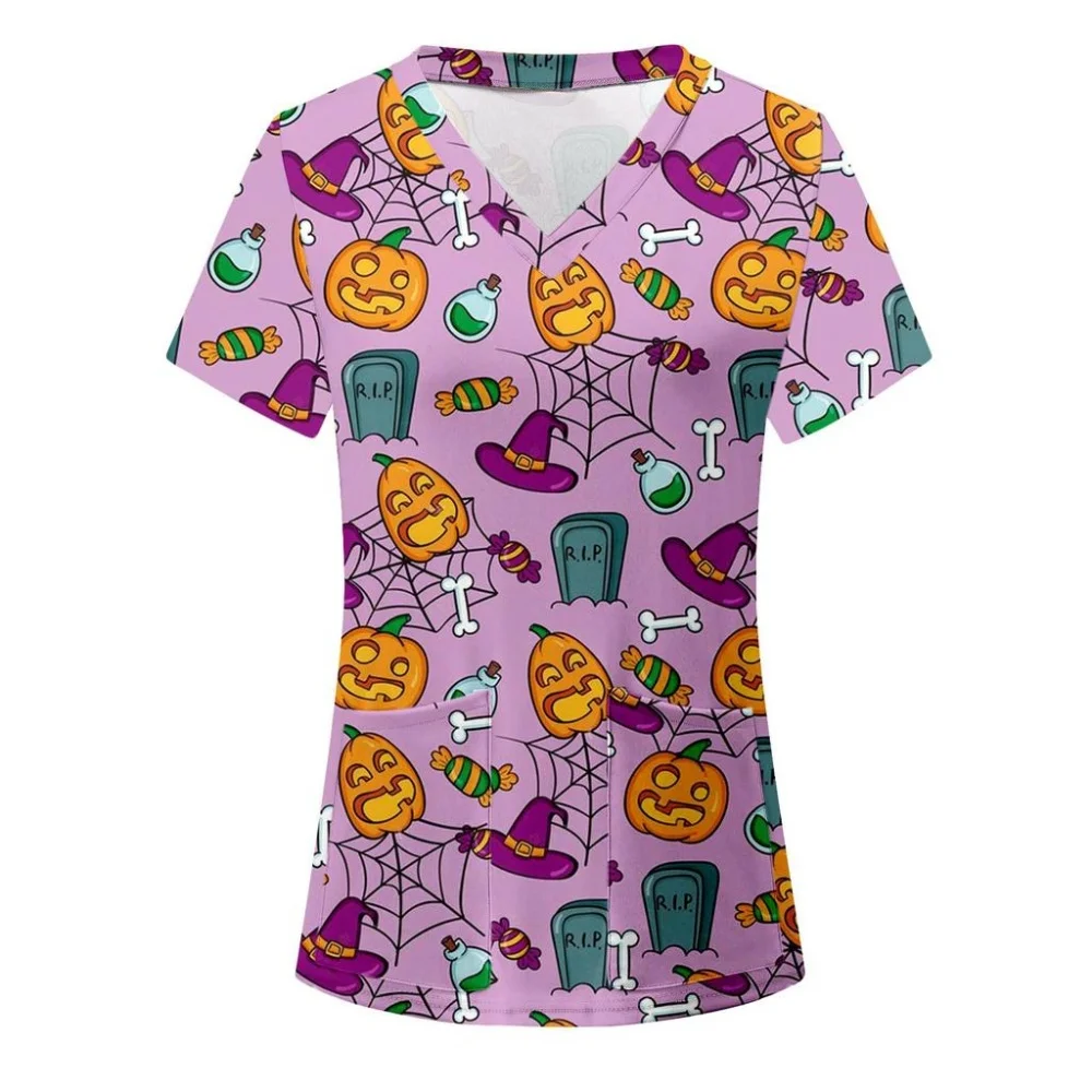 Halloween Print Nurse Uniform Women Short Sleeve V-neck Tops Healthcare Tunic Pocket Blouse Overalls Female Uniforme Tee Tops 
Halloween Print Nurse Uniform Women Short Sleeve V-neck Tops Healthcare Tunic Pocket Blouse Overalls Female Uniforme Tee Tops