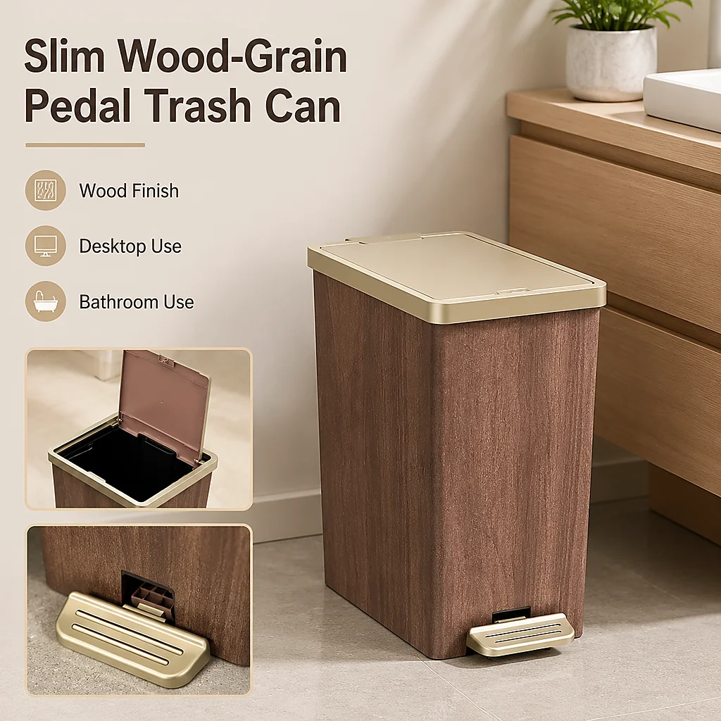 Slim Rectangular Neutral Brown Pedal Trash Can with Smooth Hinged Lid, Hands-Free Foot Step Waste Container with Detachable Inner Pail for Bathroom Vanities and Kitchen Under-Sink Narrow Gaps
Slim Rectangular Neutral Brown Pedal Trash Can with Smooth Hinged Lid, Hands-Free Foot Step Waste Container with Detachable Inner Pail for Bathroom Vanities and Kitchen Under-Sink Narrow Gaps