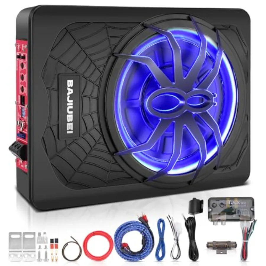 Car audio subwoofer: 10-inch slim under-seat powered hideaway subwoofer with built-in amplifier, blue LED ambient light, black
Car audio subwoofer: 10-inch slim under-seat powered hideaway subwoofer with built-in amplifier, blue LED ambient light, black