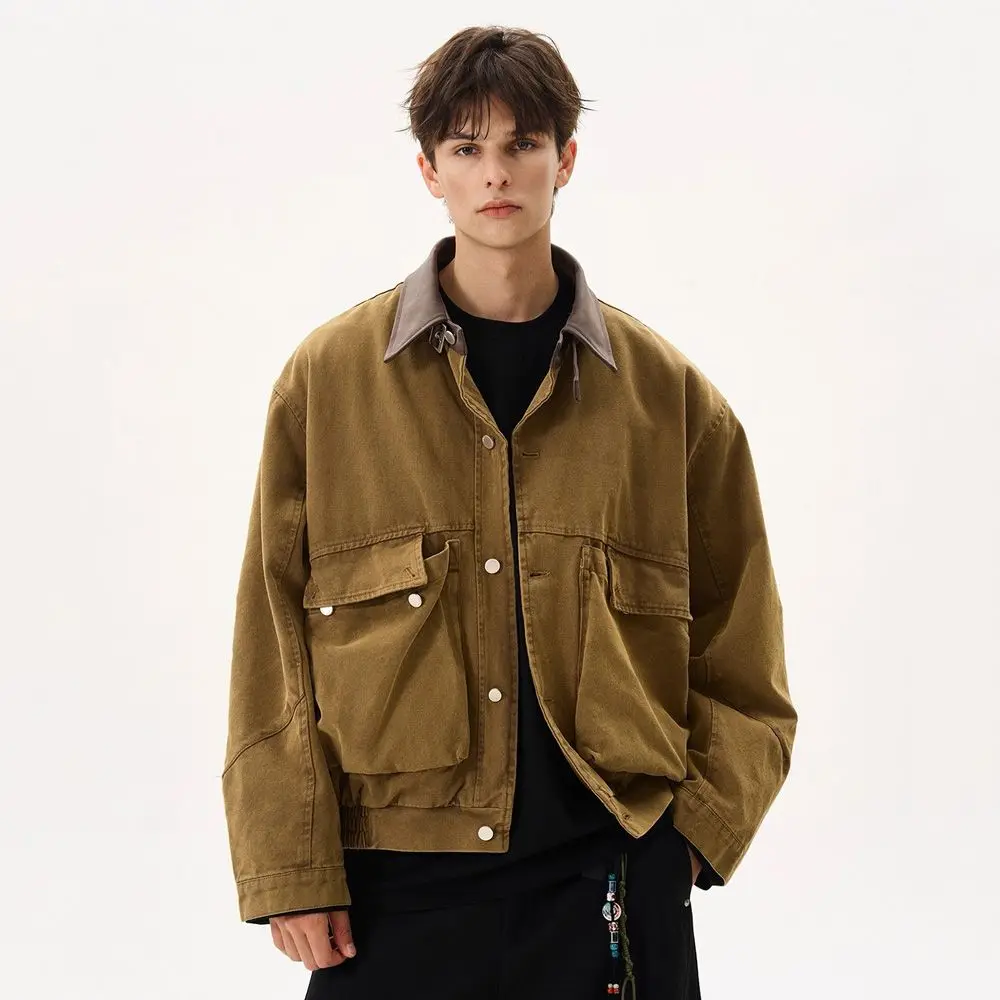 Retro Patchwork Loose Casual Leather Collar Jaet Men's Vintage Large ket Outerwear Youth Trend Polyester Spring Autumn
Retro Patchwork Loose Casual Leather Collar Jaet Men's Vintage Large ket Outerwear Youth Trend Polyester Spring Autumn