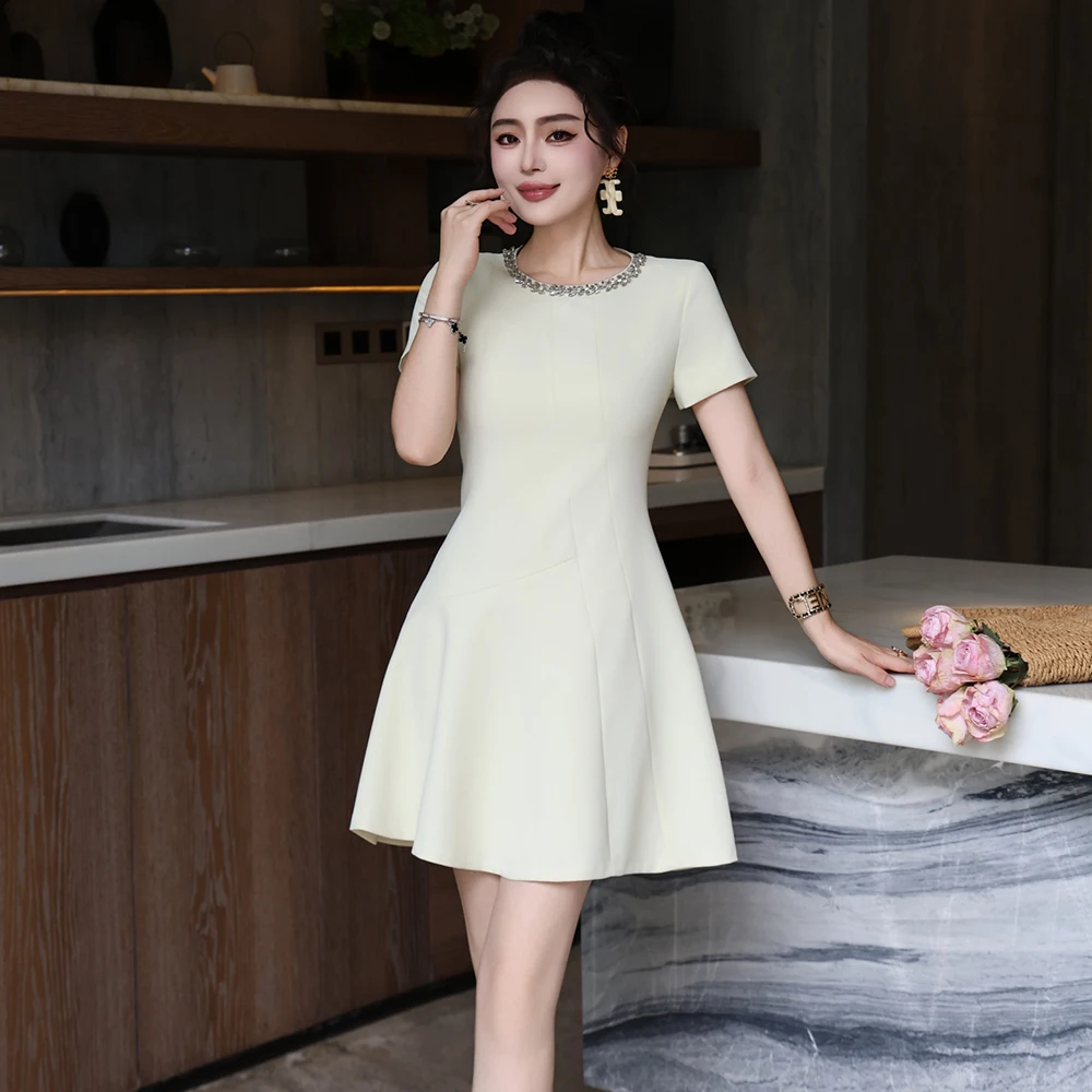 ZJYT Luxury Elegant Women's Summer Beading Dress Short Sleeve Rinestone O Neck Solid White Black Casual Party Dresses Vestidos
ZJYT Luxury Elegant Women's Summer Beading Dress Short Sleeve Rinestone O Neck Solid White Black Casual Party Dresses Vestidos
