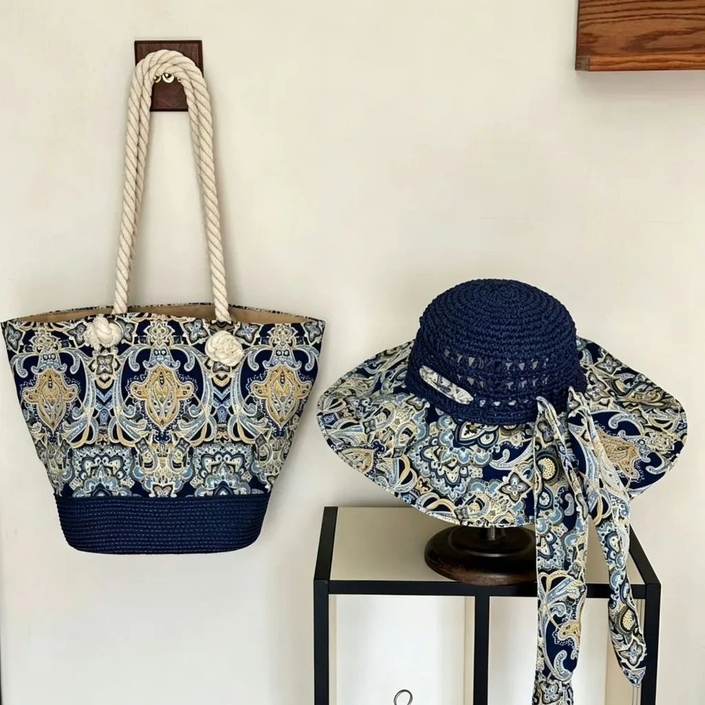 Boho Straw Sun Hat and Beach Bag Set Women Floral Print Wide Brim Panamas Hat Luxury Ribbon Canvas Rope Shoulder Shopping Tote
Boho Straw Sun Hat and Beach Bag Set Women Floral Print Wide Brim Panamas Hat Luxury Ribbon Canvas Rope Shoulder Shopping Tote