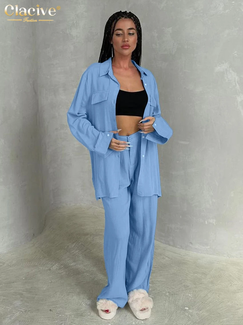 Clacive Fashion Loose Blue Cotton 2 Piece Set Women Outfit 2025 Elegant Long Sleeve Blouse With High Waist Wide Pants Set Female
Clacive Fashion Loose Blue Cotton 2 Piece Set Women Outfit 2025 Elegant Long Sleeve Blouse With High Waist Wide Pants Set Female