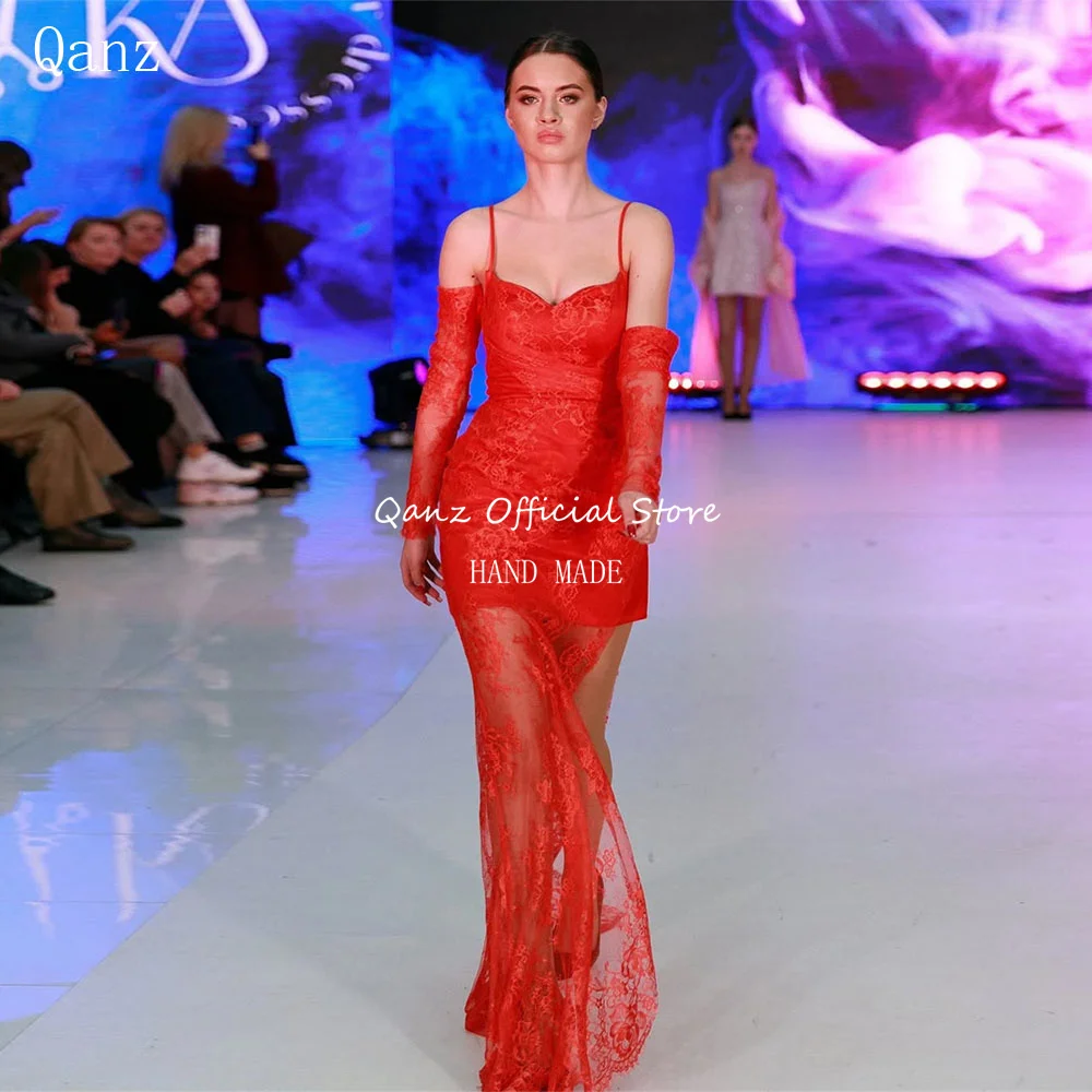 Qanz Red Lace Evening Dresses Spaghetti Straps Mermaid Overskirt Fashion Show Dress Long Sleeves Vestidos De Fiesta Customized
Qanz Red Lace Evening Dresses Spaghetti Straps Mermaid Overskirt Fashion Show Dress Long Sleeves Vestidos De Fiesta Customized