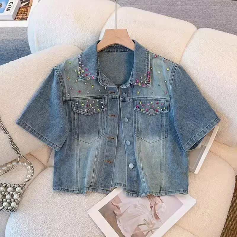 Summer Women Blue Thin Short Denim Jacket Fashion Diamond Turndown Collar Short Sleeve Jeans Jacket Female Student Basic Coat
Summer Women Blue Thin Short Denim Jacket Fashion Diamond Turndown Collar Short Sleeve Jeans Jacket Female Student Basic Coat