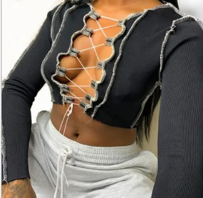 Fashion Sexy Chest Bandage Long-sleeved Personality Hollow Autumn Festival Nightclub Dress Street Dress Female Jacket
Fashion Sexy Chest Bandage Long-sleeved Personality Hollow Autumn Festival Nightclub Dress Street Dress Female Jacket