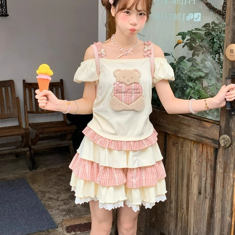 Summer Sweet Lolita Style Skirt Sets Women Japanese Kawaii Slash Neck Cartoon Bear Top Lace Plaid Patchwork Cake Skirts Y2k Suit
Summer Sweet Lolita Style Skirt Sets Women Japanese Kawaii Slash Neck Cartoon Bear Top Lace Plaid Patchwork Cake Skirts Y2k Suit