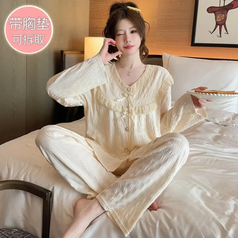150KG Extra Large Cotton Pajamas Women with Chest Pads Korean Spring Home Clothes Lace Sweet Long-sleeved Trousers Outerwear
150KG Extra Large Cotton Pajamas Women with Chest Pads Korean Spring Home Clothes Lace Sweet Long-sleeved Trousers Outerwear