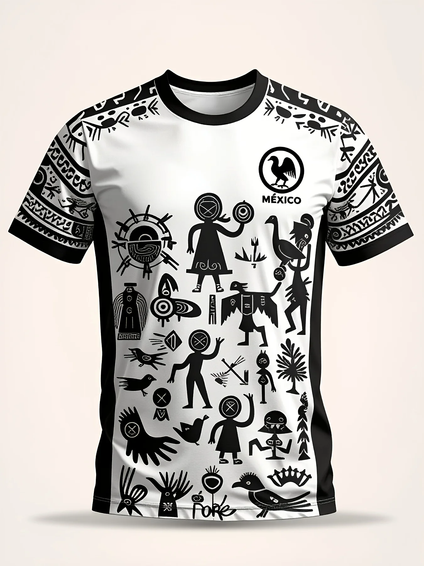 Mexican Tribal Art T-shirt on A White Background, Black Pattern, Aztec Symbol Design, Youth Football Game Uniform,Outdoor Sports
Mexican Tribal Art T-shirt on A White Background, Black Pattern, Aztec Symbol Design, Youth Football Game Uniform,Outdoor Sports