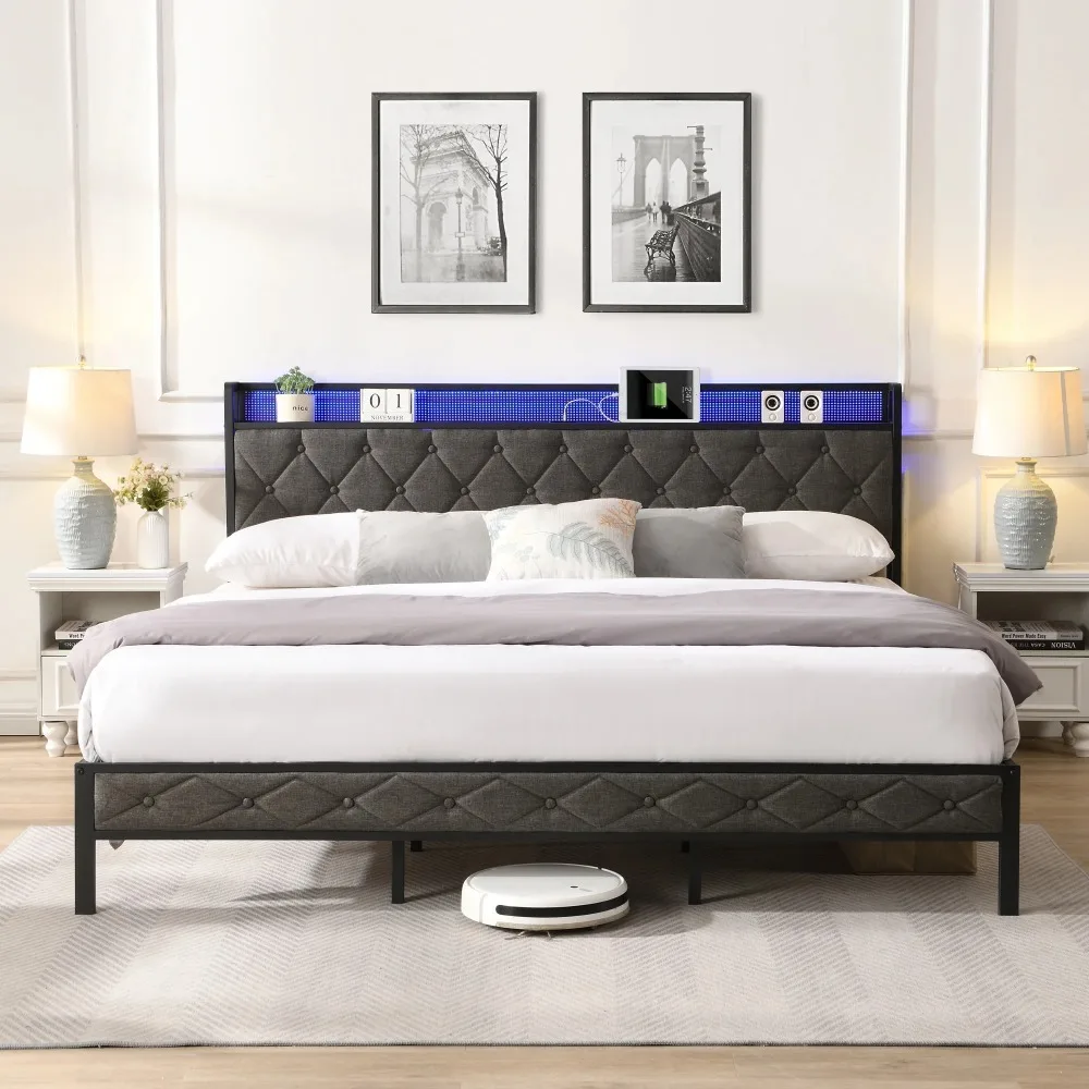 Upholstered Platform Bed with Storage Headboard & Charging Station & LED Lights,Noise Free, Full/Queen/King
Upholstered Platform Bed with Storage Headboard & Charging Station & LED Lights,Noise Free, Full/Queen/King