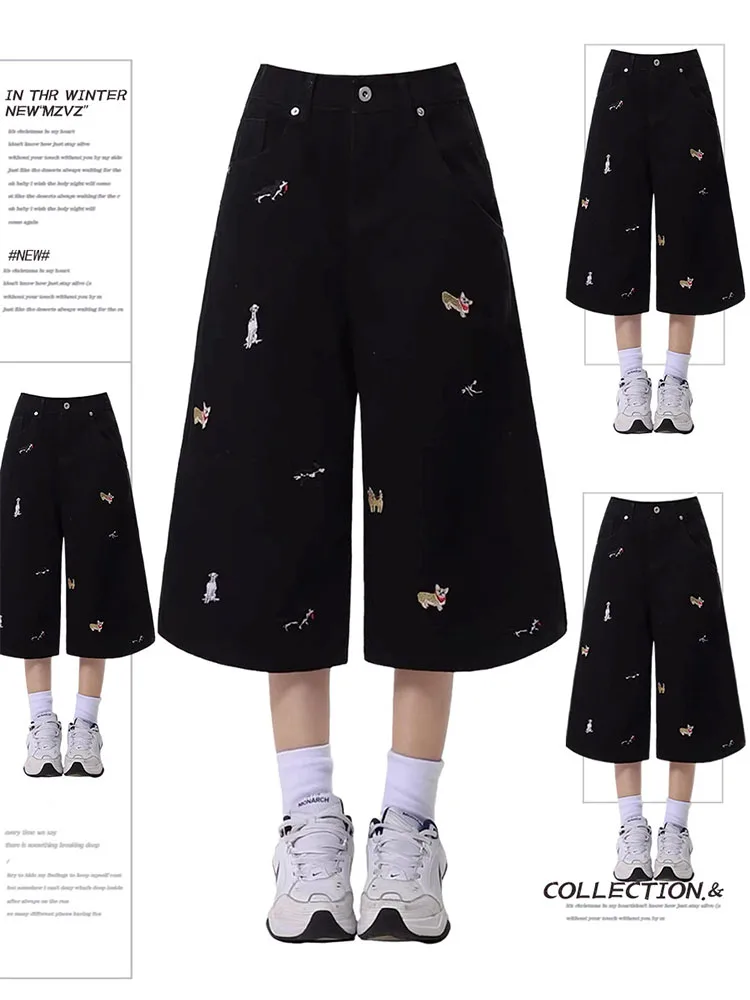 Cartoon Black Dog Embroidery High Waist Wide Leg Jeans Shorts Women's Casual Summer Fashion Loose Fit Trousers
Cartoon Black Dog Embroidery High Waist Wide Leg Jeans Shorts Women's Casual Summer Fashion Loose Fit Trousers