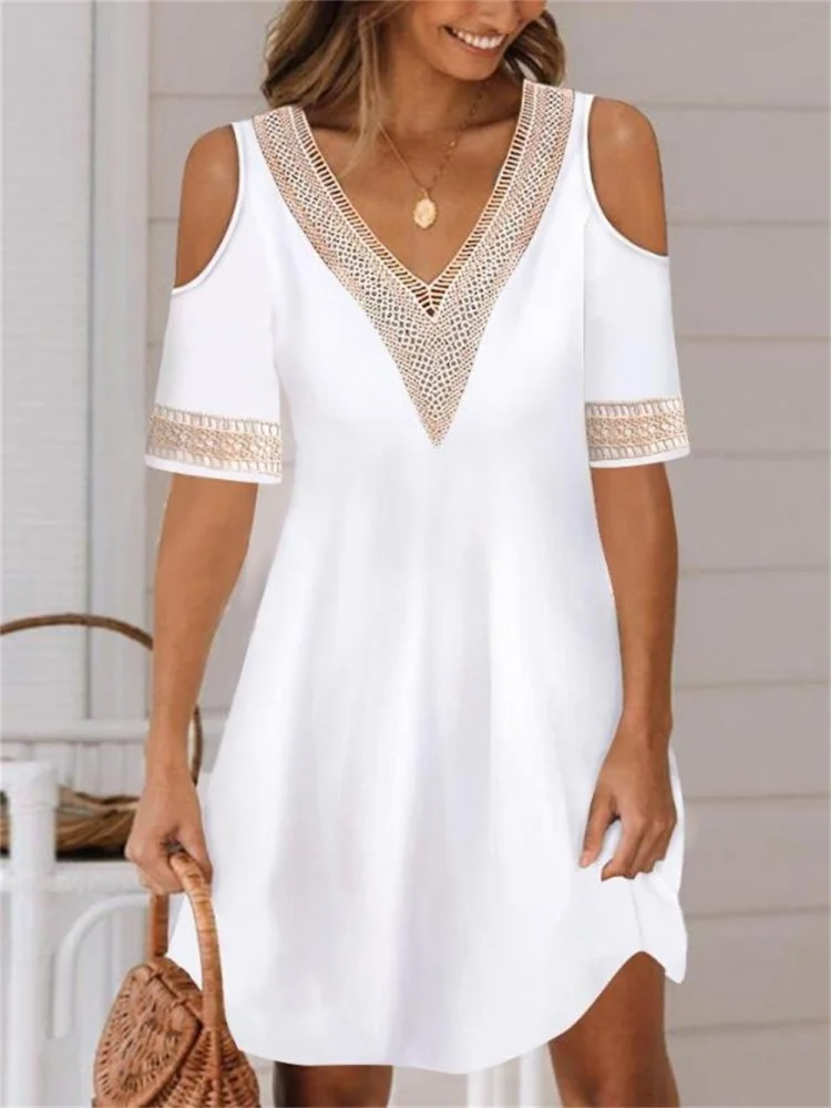 Women Summer Short Sleeve Dress Solid Color Lace Trim V Neck Cuff Off Shoulder Loose Casual Dress
Women Summer Short Sleeve Dress Solid Color Lace Trim V Neck Cuff Off Shoulder Loose Casual Dress