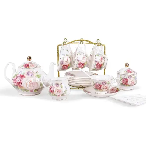 European porcelain coffee set, Pink women's tea set, bone China tea set, Vintage flower coffee teapot and cup