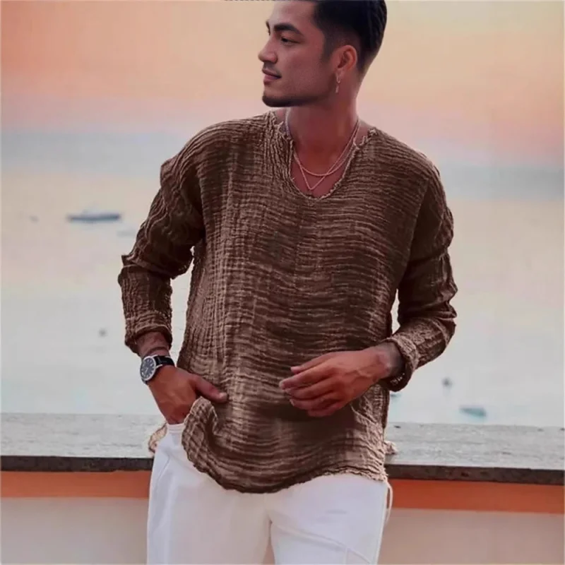 Европейский и американский мужской льняной свободный пуловер для отдыха, однотонный и рубашка, мужская потертая потертая рубашка с длинным рукавом
Европейский и американский мужской льняной свободный пуловер для отдыха, однотонный и рубашка, мужская потертая потертая рубашка с длинным рукавом