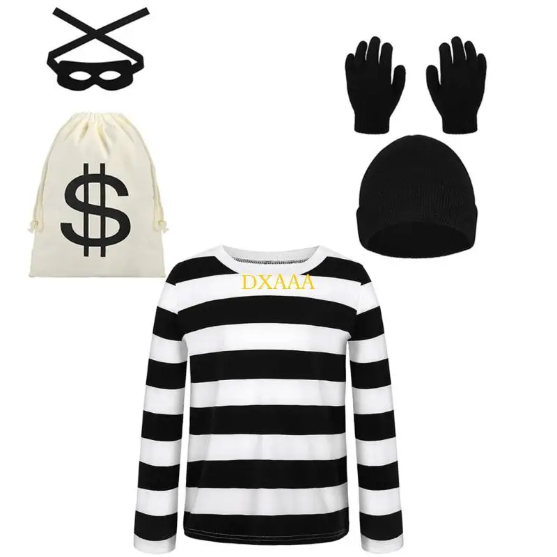DXAA Robber Costume T-shirt Caps Money Bag Eye Mask Glove for Halloween Cosplay
DXAA Robber Costume T-shirt Caps Money Bag Eye Mask Glove for Halloween Cosplay