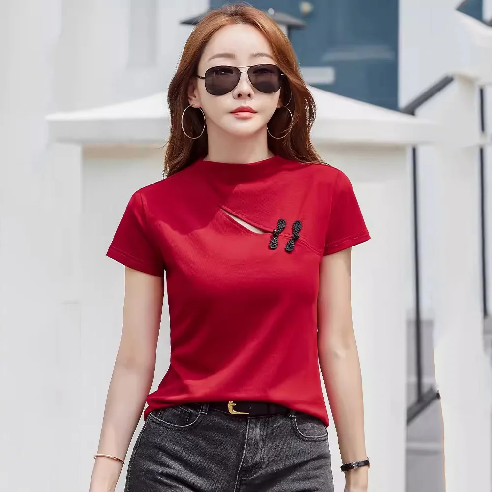 New Women Summer Chinese Style T-shirt Fashion Hollow Out Design Half High Collar Slim Tees Tops Elegant Short Sleeve T-shirt
New Women Summer Chinese Style T-shirt Fashion Hollow Out Design Half High Collar Slim Tees Tops Elegant Short Sleeve T-shirt