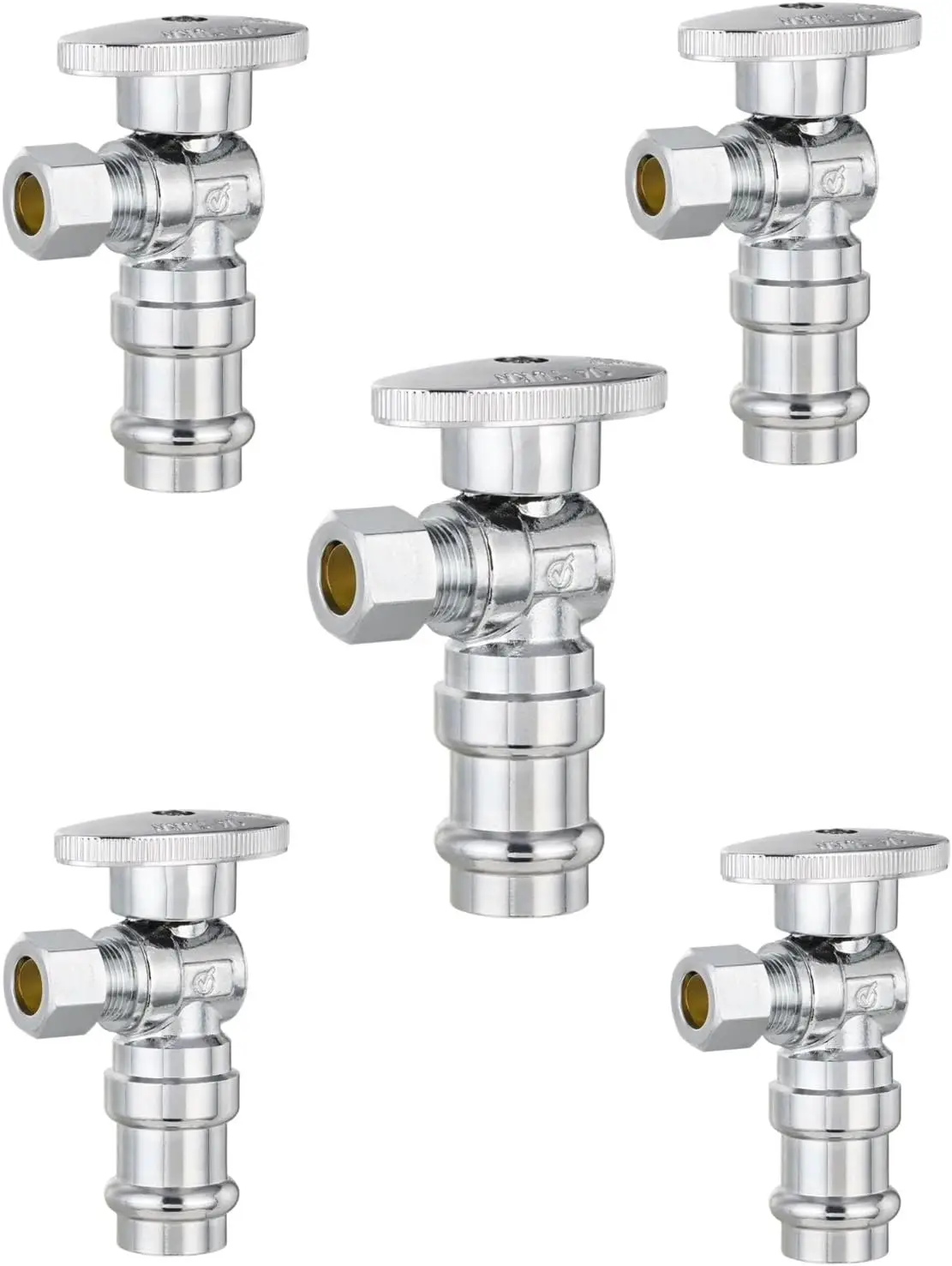 Pack of 5 Brass Angle Valves, 1/2" Copper Press x 3/8" OD Compression, 1/4 Turn Chrome Plated
Pack of 5 Brass Angle Valves, 1/2" Copper Press x 3/8" OD Compression, 1/4 Turn Chrome Plated