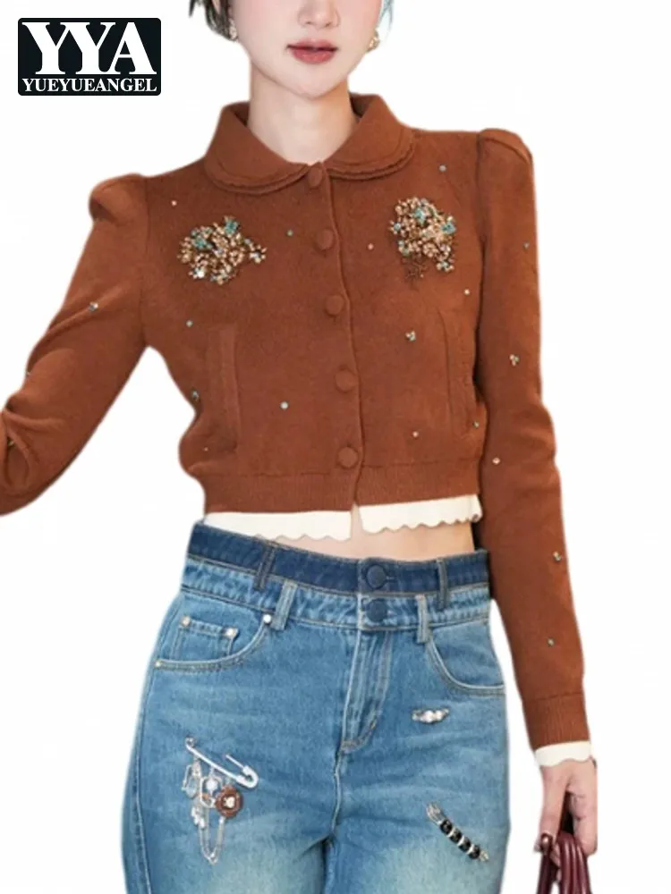 Autumn Colorful Beading Doll Collar Women Knit Sweater Long Sleeve Slim Fit Short Knitwear Jacket Single Breasted Spliced Coat
Autumn Colorful Beading Doll Collar Women Knit Sweater Long Sleeve Slim Fit Short Knitwear Jacket Single Breasted Spliced Coat