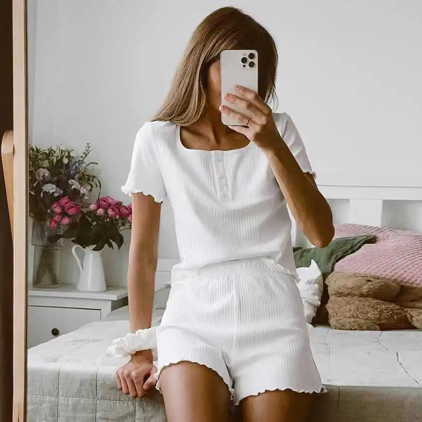 Summer New Style Home Clothes Set Short Sleeve Top And Shorts Two-Piece Suit Casual Pure Color Square Collar Elastic Waistband
Summer New Style Home Clothes Set Short Sleeve Top And Shorts Two-Piece Suit Casual Pure Color Square Collar Elastic Waistband