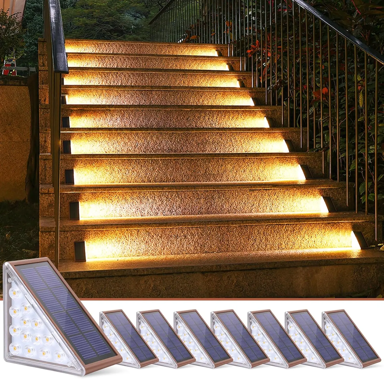 Outdoor Solar Step Lights 8 Pack, IP67 Waterproof with 13 Bright LEDs, Warm White Auto On/Off for Steps Deck Patio
Outdoor Solar Step Lights 8 Pack, IP67 Waterproof with 13 Bright LEDs, Warm White Auto On/Off for Steps Deck Patio