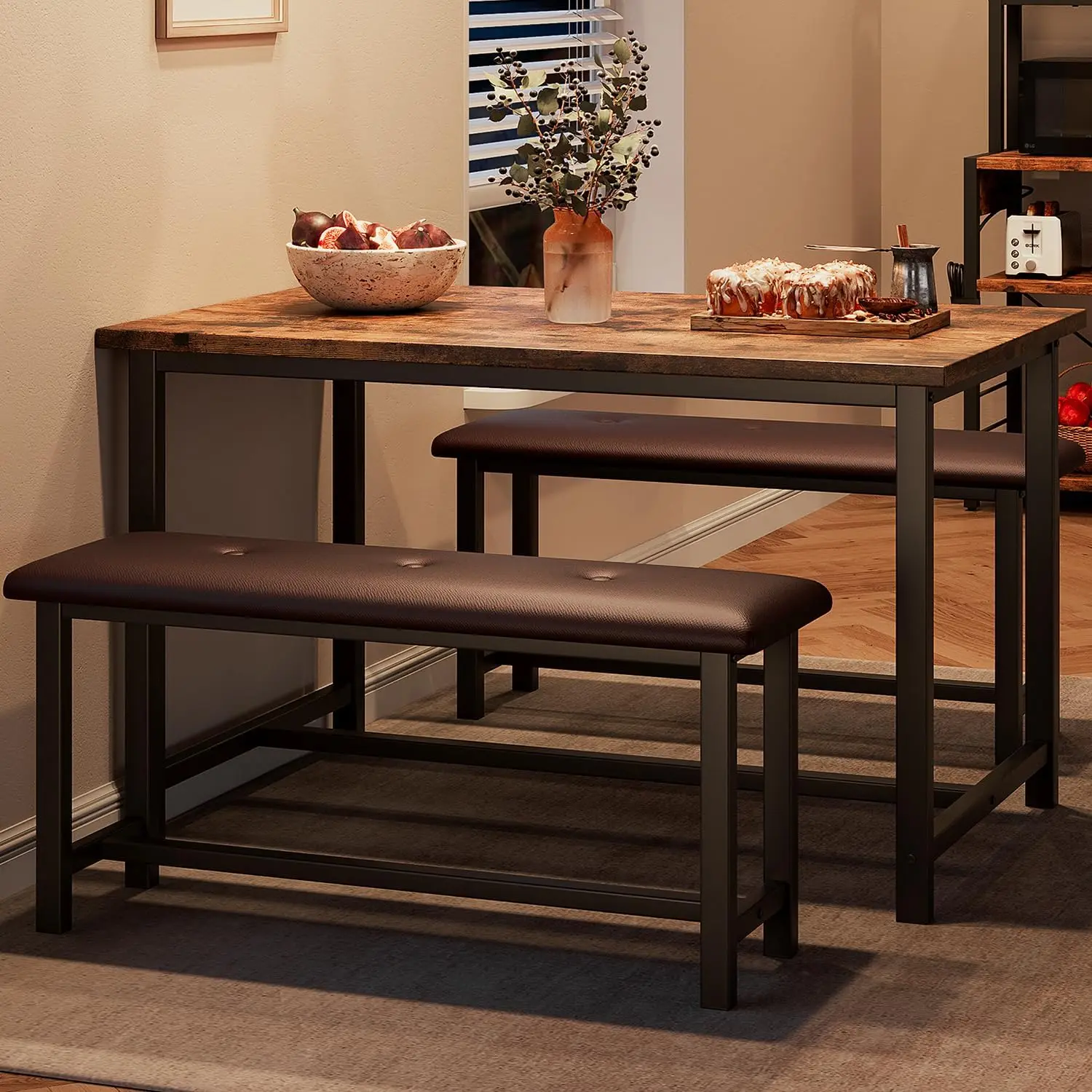 Dining Table Set for 4, Kitchen Table with Upholstered Bench, Rectangular Dining Room Table Set with 2 Benches, 3 Piece Kitchen
Dining Table Set for 4, Kitchen Table with Upholstered Bench, Rectangular Dining Room Table Set with 2 Benches, 3 Piece Kitchen