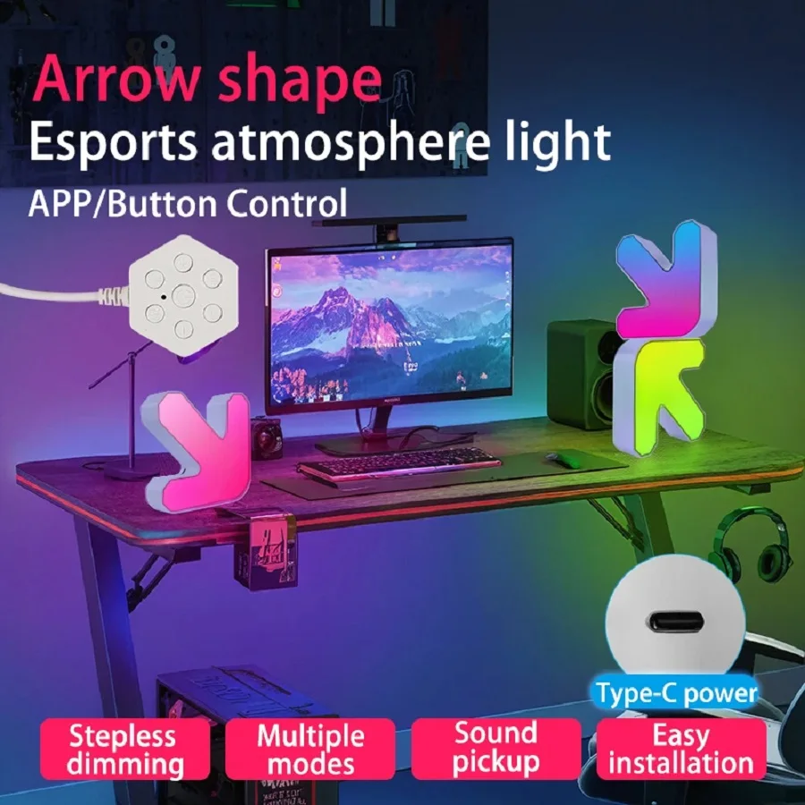 2 шт. светодиодный ночник RGB в форме стрелки, креативная окружающая лампа, управление через приложение, синхронизация музыки, украшение для игровой вечеринки, комнаты
2 шт. светодиодный ночник RGB в форме стрелки, креативная окружающая лампа, управление через приложение, синхронизация музыки, украшение для игровой вечеринки, комнаты