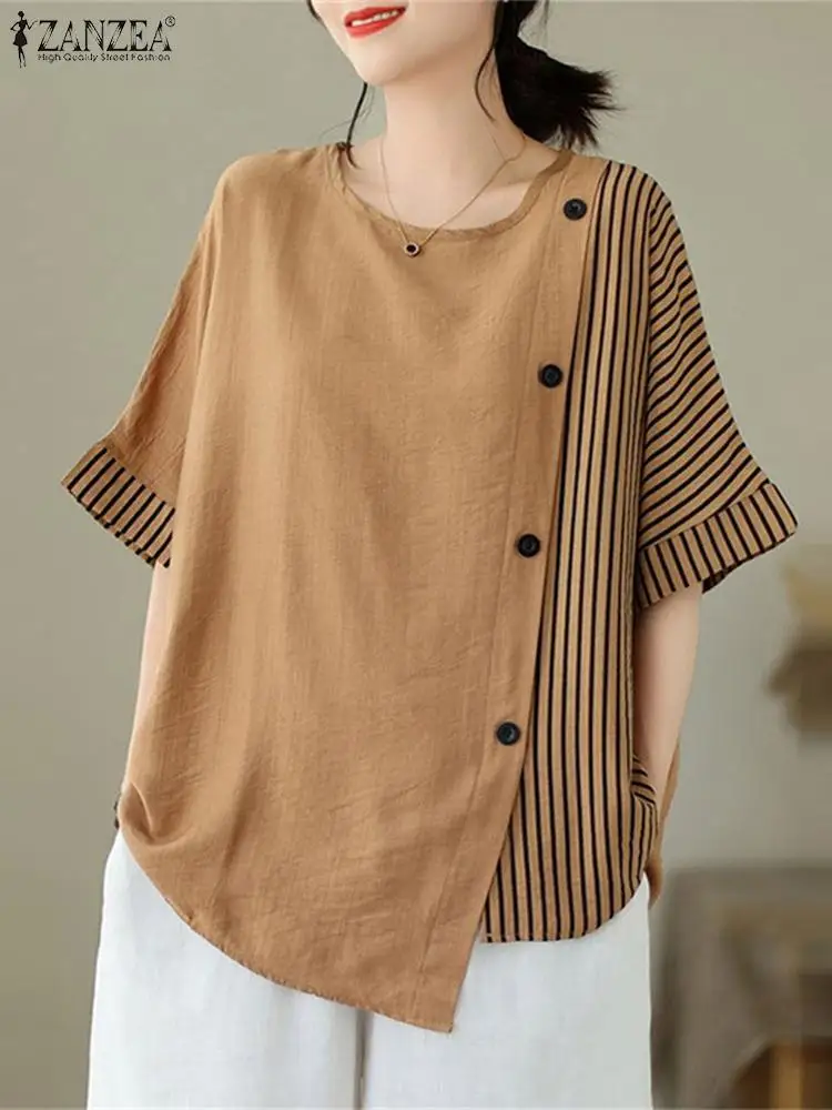 ZANZEA Women 3/4 Sleeve Shirts Office Lady Casual Loose Blouse Fashion Round Neck Blusas Vintage Korean Striped Patchwork Tops
ZANZEA Women 3/4 Sleeve Shirts Office Lady Casual Loose Blouse Fashion Round Neck Blusas Vintage Korean Striped Patchwork Tops