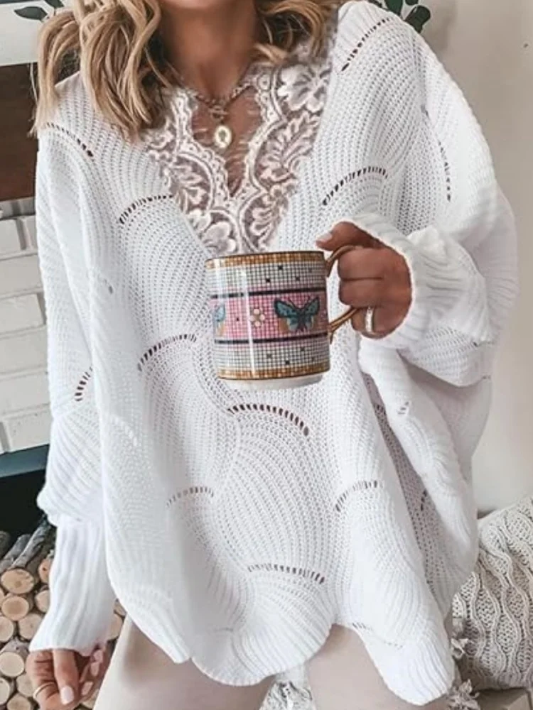 Women's Loose Knitted Sweater White Hollow Out Batwing Sleeve Design Lace Decoration Casual Pullover Spring Autumn Tops
Women's Loose Knitted Sweater White Hollow Out Batwing Sleeve Design Lace Decoration Casual Pullover Spring Autumn Tops