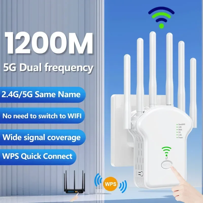 1200Mbps WiFi Repeater Dual Band Wireless Amplifier 2.4G 5GHz Network Long Range Signal Booster For Home Office Wi-Fi Repeater
1200Mbps WiFi Repeater Dual Band Wireless Amplifier 2.4G 5GHz Network Long Range Signal Booster For Home Office Wi-Fi Repeater