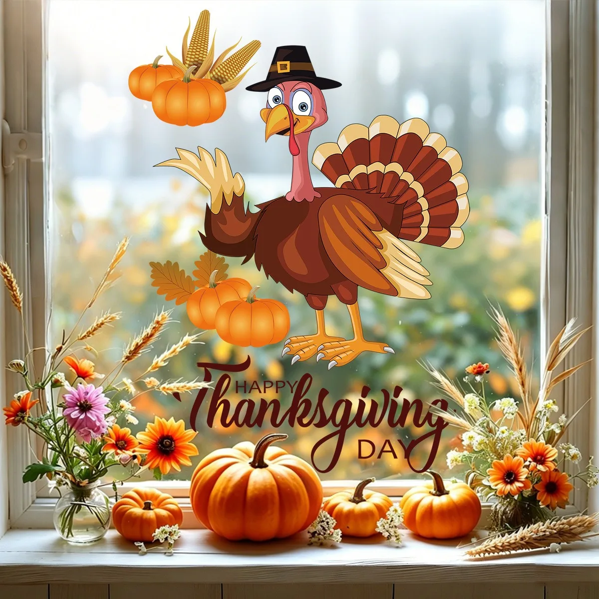 Cartoon Turkey Thanksgiving PVC Static Cling Stickers Pumpkin Corn Autumn Leaf Window Glass Decoration Holiday Party
Cartoon Turkey Thanksgiving PVC Static Cling Stickers Pumpkin Corn Autumn Leaf Window Glass Decoration Holiday Party