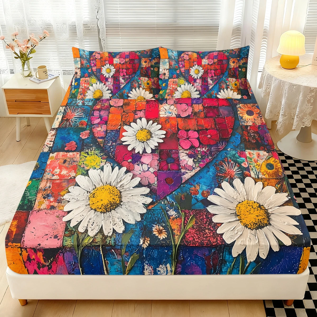 3-Piece Colorful Daisy & Patchwork Heart Fitted Sheet Set (1 Fitted Sheet + 2 Pillowcases), Bohemian Floral Bedding Set
3-Piece Colorful Daisy & Patchwork Heart Fitted Sheet Set (1 Fitted Sheet + 2 Pillowcases), Bohemian Floral Bedding Set