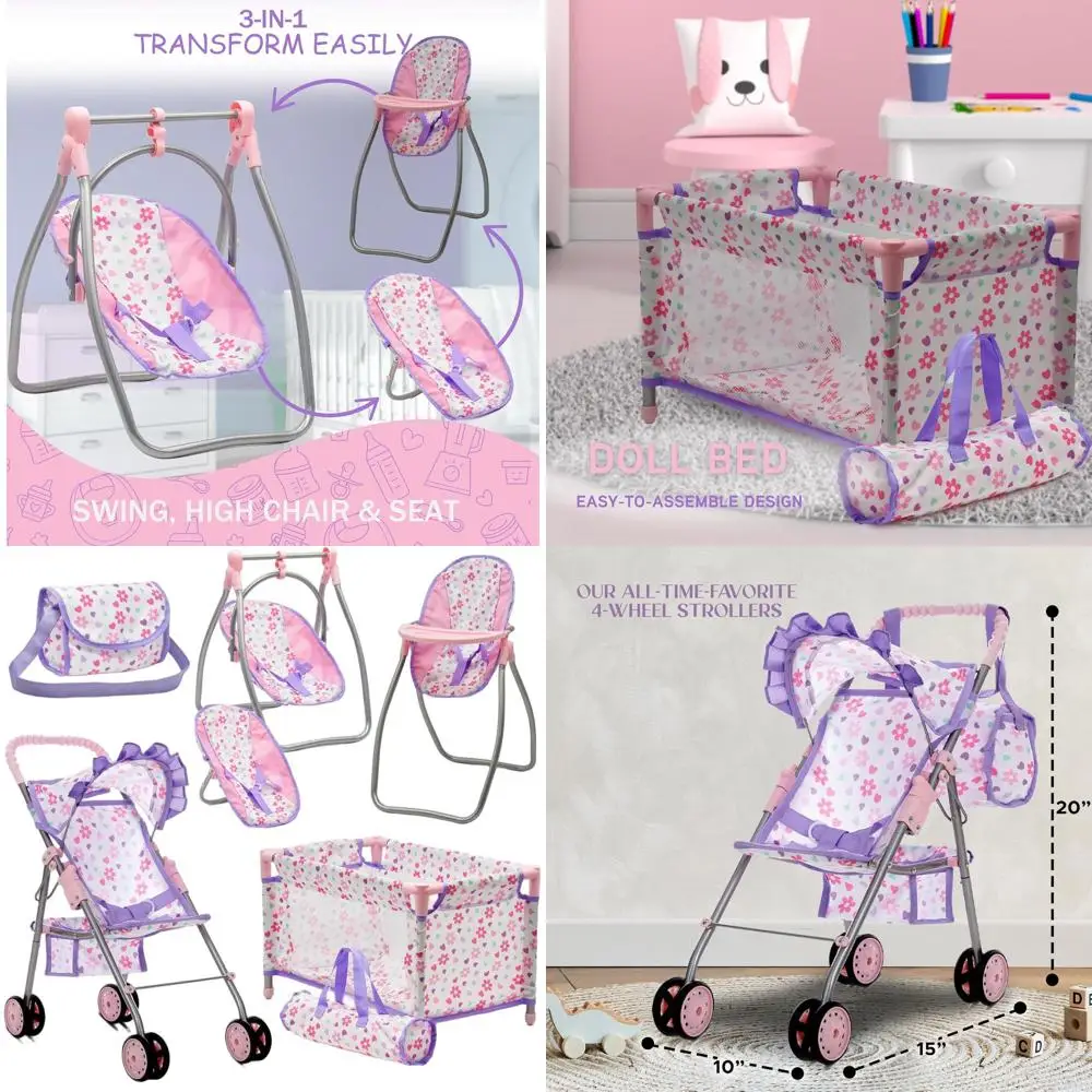 Комплект для кукол: трансформируемый стульчик для кормления, коляска, качели и игровой набор для детской комнаты с роскошными аксессуарами
Комплект для кукол: трансформируемый стульчик для кормления, коляска, качели и игровой набор для детской комнаты с роскошными аксессуарами